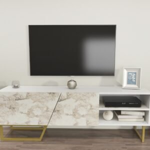 Mueble de TV MARCUS, biIaminado mármol blanco, 150 cms.