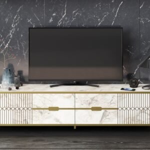 Mueble de TV ELOISE, biIaminado mármol blanco con detalles dorados, 180 cms.