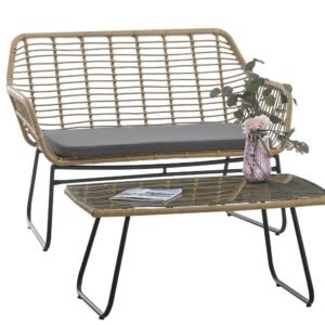 Sofá KROYA, metal, ratán beige, cojín negro