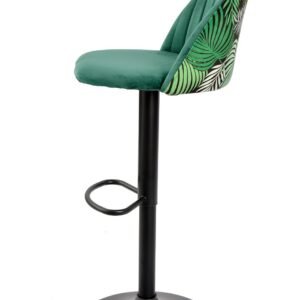 Taburete FLOWER, regulable, metal negro, tapizado velvet verde con trasera floral a juego