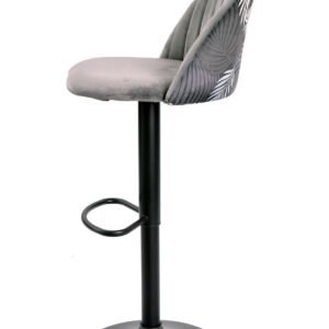 Taburete FLOWER, regulable, metal negro, tapizado velvet gris con trasera floral a juego