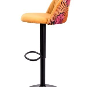 Taburete FLOWER, regulable, metal negro, tapizado velvet amarillo con trasera floral a juego
