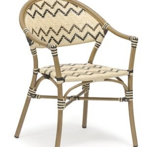 Sillón MERSIN, apilable, aluminio, ratán marrón, crema y negro