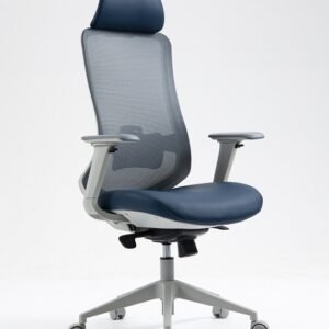 Sillón de oficina ARANJUEZ, alto, gris, ergonómico, multifunción, malla y asiento azul