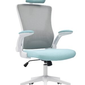 Sillón de oficina LAURO, alto, blanco, malla gris, asiento azul