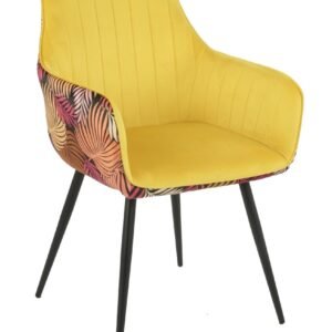 Sillón DEVA, metal, tapizado velvet amarillo con trasera floral a juego