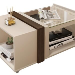 Mesa FRANCIA, baja, cristal, MDP blanco roto y nogal, 90,5 x 54 cms