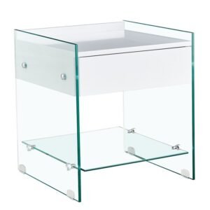 Mesa DARLING, cristal templado, cajón blanco, 45 x 45 cms