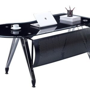 Mesa de oficina MAGNA, forma a derecha, vidrio templado negro, 180 x 85 cms