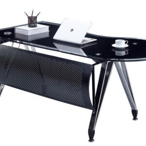 Mesa de oficina MAGNA, forma a izquierda, vidrio templado negro, 180 x 85 cms