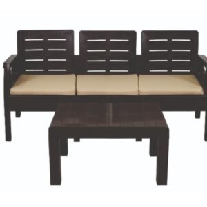 Pack FIONA, 2 sillones, 1 sofá de 3 plazas y mesa baja, polipropileno marrón, cojín beige