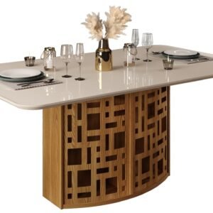 Mesa KALI, cristal, roble y blanco roto, 170x90 cms