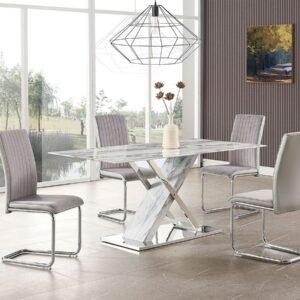 Mesa SIGRID, acero inoxidable, DM, tapa de cristal templado, 180 x 90 cms