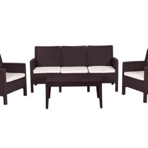 Set ADRIÁTICO, 2 Sillones + Sofá 3 plazas + mesa, polipropileno chocolate, cojines incluidos