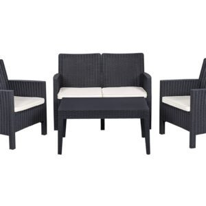 Set ADRIÁTICO, 2 Sillones + Sofá 2 plazas + mesa, polipropileno antracita, cojines incluidos