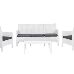 Set ADRIÁTICO, 2 Sillones + Sofá 3 plazas + mesa, polipropileno blanco, cojines incluidos