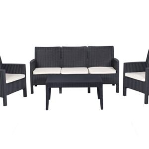 Set ADRIÁTICO, 2 Sillones + Sofá 3 plazas + mesa, polipropileno antracita, cojines incluidos