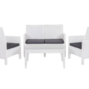 Set ADRIÁTICO, 2 Sillones + Sofá 2 plazas + mesa, polipropileno blanco, cojines incluidos