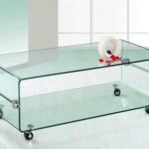 Mesa MELBOURNE, cristal curvado, ruedas, 120x60 cms