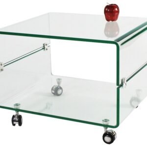 Mesa MELBOURNE, cristal curvado, ruedas, 60x40 cms