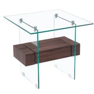 Mesa SUIZA, baja, madera, cristal, 55 x 55 cms