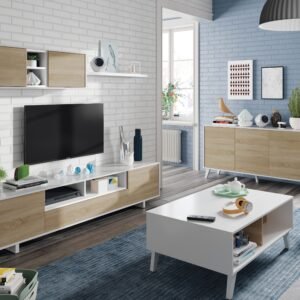 ​Mueble Salón TV VARYS (46x200x41 cm) - Blanco Brillo/Roble Canadian