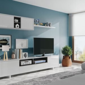 ​Mueble Salón TV VARYS (46x200x41 cm) - Blanco Brillo/Gris Graphite