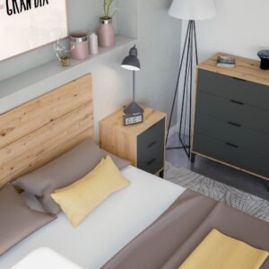 ​Conjunto ENZO Cabezal + 2 Mesitas con 3 Cajones (101x240x33 cm) - Roble Nodi/Gris Antracita