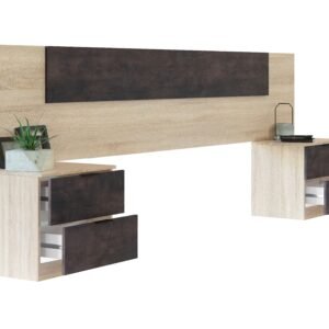 ​Conjunto NOON: Cabezal + 2 Mesitas con 2 Cajones (95x247x38 cm) - Roble Canadian/Óxido