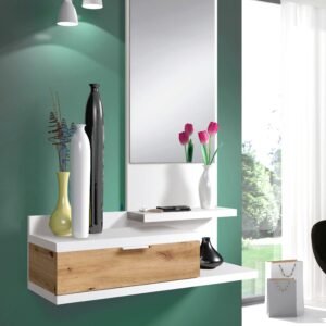 Recibidor LIA 1 Cajón + Espejo (116x81x29 cm) - Blanco Artik/Roble Nodi