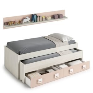 ​Cama Doble NUBE sin Somier + 2 Cajones + Estante (199x96 cm) - Blanco Alpes/Rosa