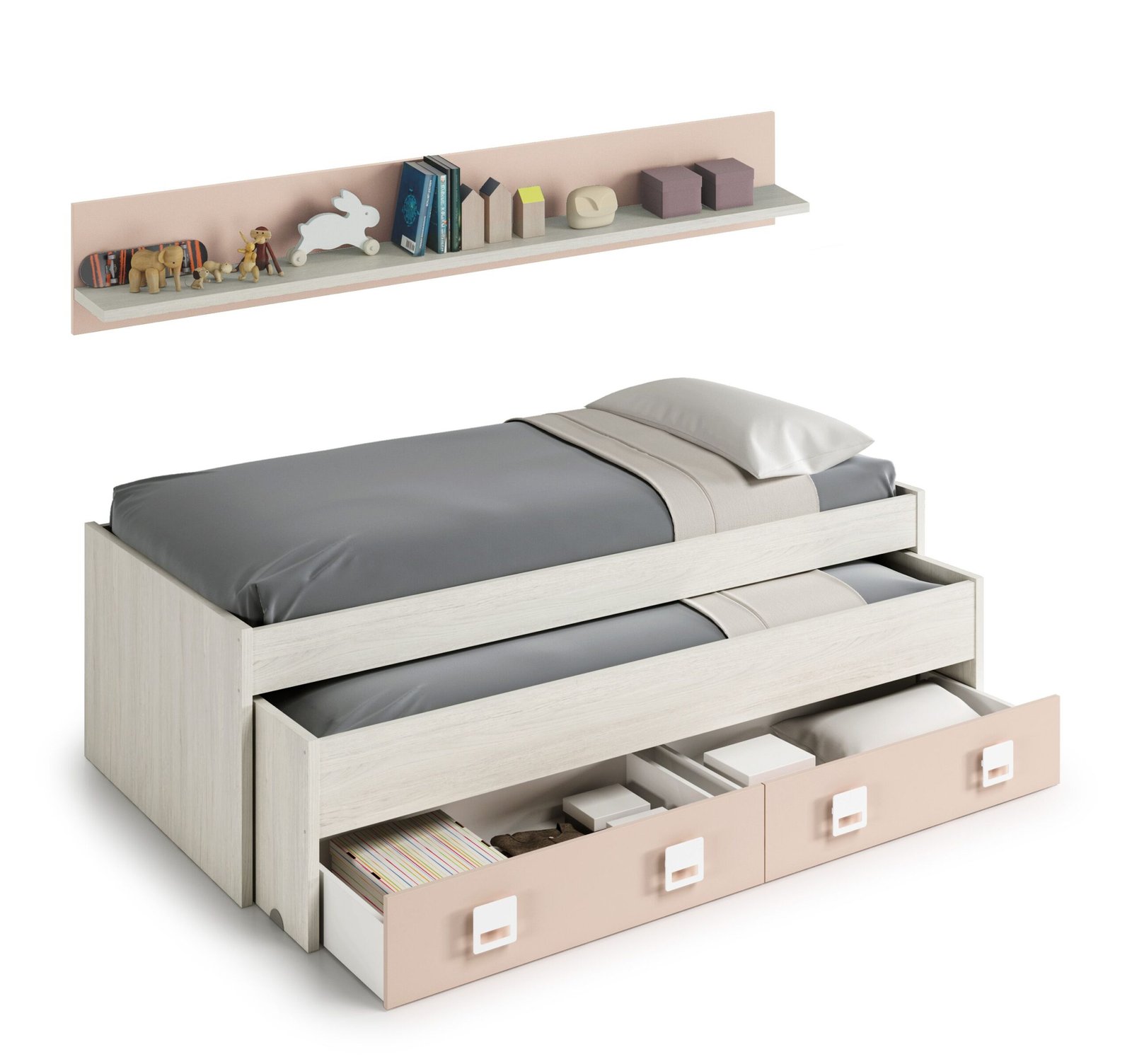 Cama Doble NUBE sin Somier + 2 Cajones + Estante (199x96 cm) - Blanco Alpes/Rosa
