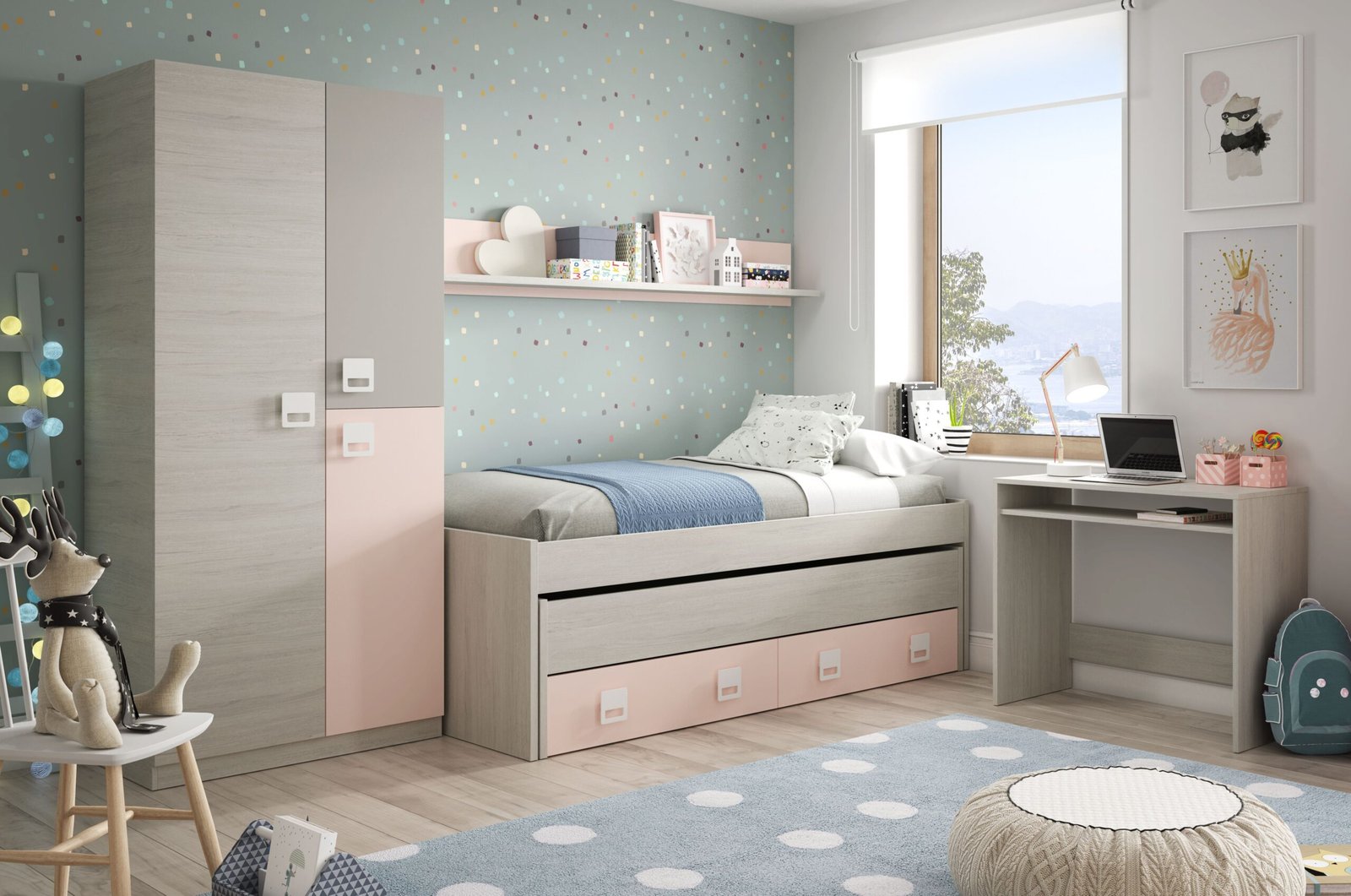 Cama Doble NUBE sin Somier + 2 Cajones + Estante (199x96 cm) - Blanco Alpes/Rosa - Imagen 2