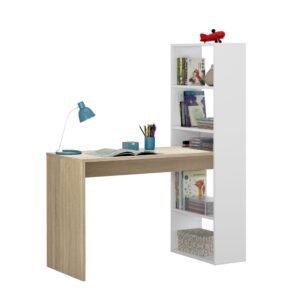 Mesa + Estantería GIO PLUS (144x120x53 cm) - Blanco Artik/Roble Canadian