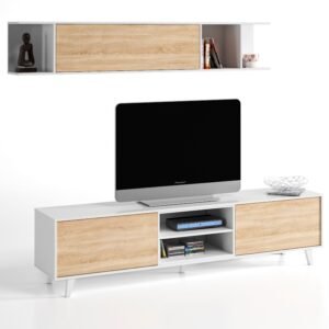 ​Módulo TV STYLUS PLUS + Estante Colgante (180x51x41 cm) - Blanco Brillo/Roble Canadian