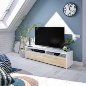 ​Mueble TV TOKIO 2 Puertas (130x36x42 cm) - Blanco Artik/Roble Canadian