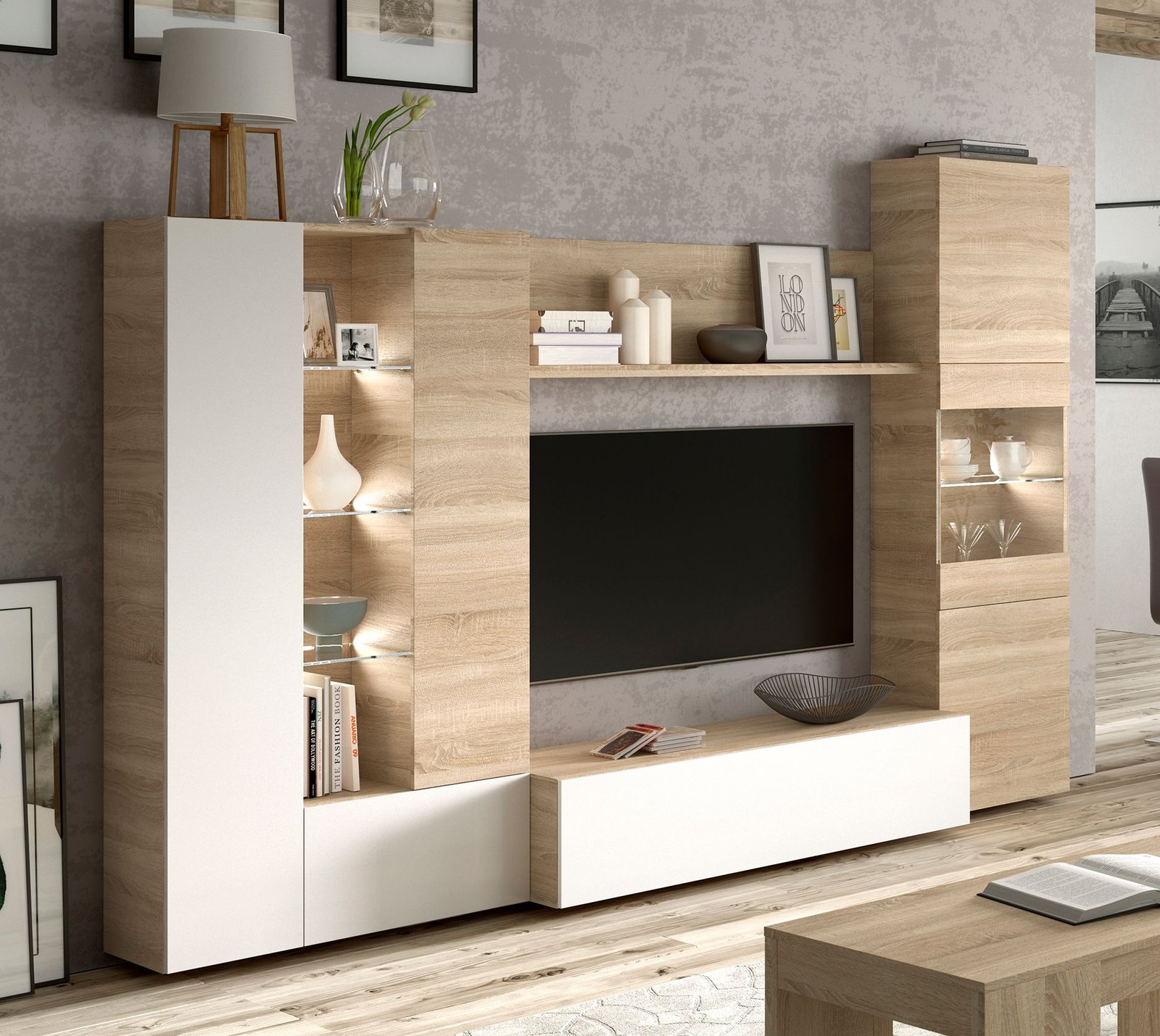 Mueble Salón Compacto DISEGNO - Roble Canadian/Blanco Brillo - Imagen 4